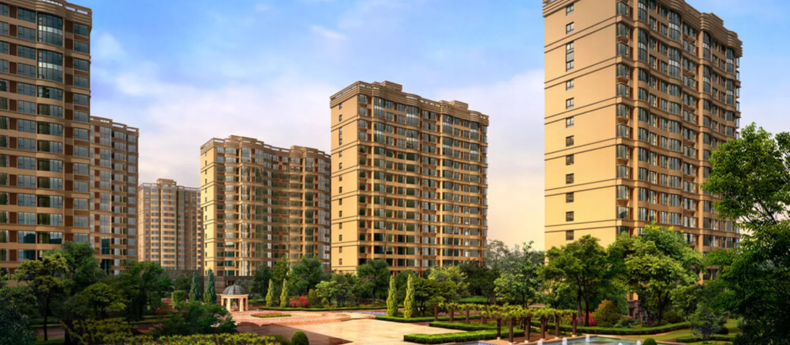 Prestige Sadahalli apartment towers with landscaped garden view
