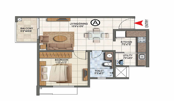 1 BHK, 650 – 800 sq.ft. floor plan at Prestige Sadahalli