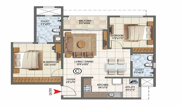 2 BHK, 1000 – 1,300 sq.ft. floor plan at Prestige Sadahalli