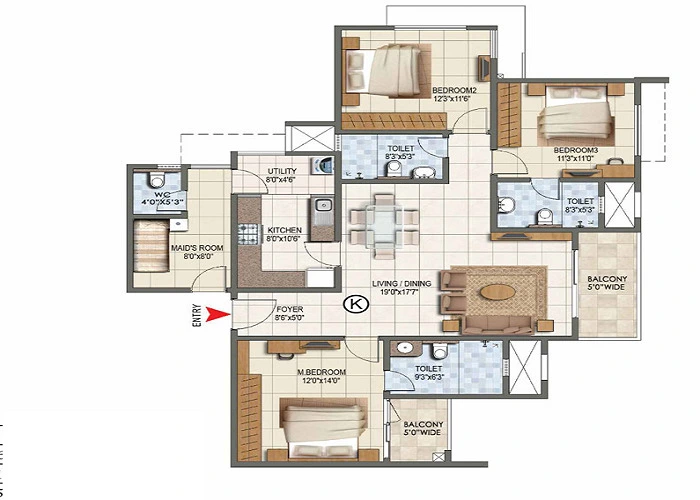 3 BHK, 1,500 - 1,800 sq.ft. floor plan at Prestige Sadahalli
