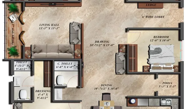 4 BHK, 2,000 - 2,400 sq.ft. floor plan at Prestige Sadahalli